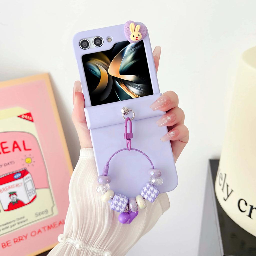 Cute Rabbit Bling Glitter Bead Wrist Strap Phone Case for Samsung Galaxy Z Flip 7 6 5 4 3 5G Hinge Protection Shockproof Cover
