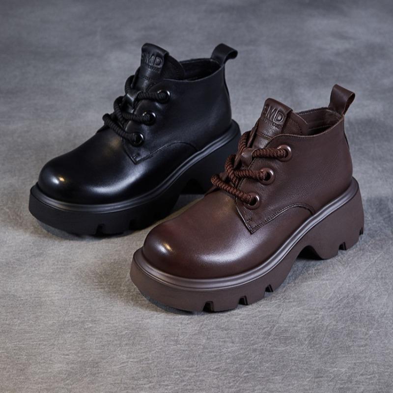 Genuine Leather High-top Platform Ankle Boots with Thick Soles Stylish Lace-up Design British Retro Style