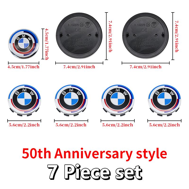 DJSA5 Hood Trunk Wheel Steering Badge 7Pcs Emblem Set For BMW E46 E90 F10 F30 G20 X5 82mm 74mm 68mm 56mm 45mm 50th Anniversary Car
