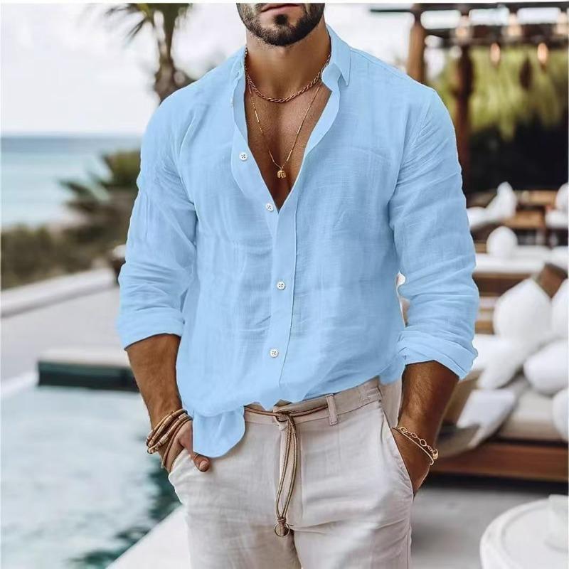 Herren Uni Hellblau Leinenhemd Revers Langarm Button-Down Locker Strand Freizeit Oberteil