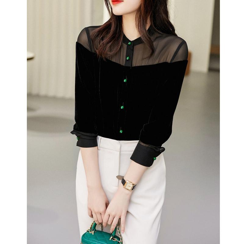 Sexy Cămașă Bluză Elegantă Șic cu Patchwork din Plasă Transparentă pentru Femei Primăvară Vară Mânecă Lungă Guler Înalt Top Negru Blusas