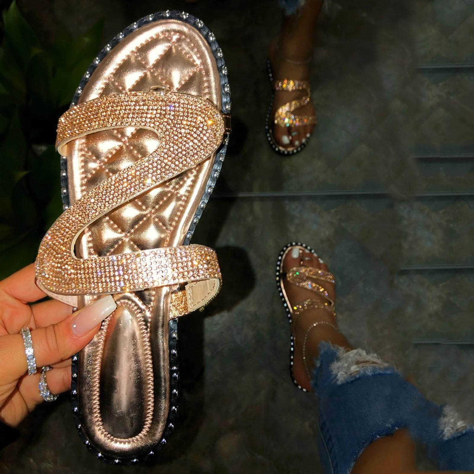 Летние женские дышащие сандалии на плоской подошве без шнуровки со стразами пляжная обувь 40 золотой 1779₽