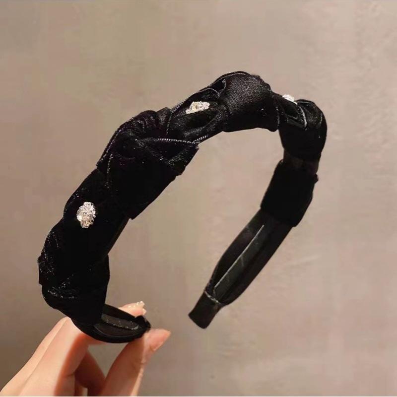 Korean Vintage Velvet Rhinestone Braided Wide Edge Headband Black High Cranium Hairpin Out Headband