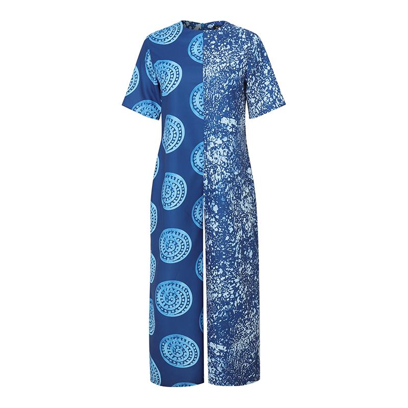Women Plus Size O-Neck Short Sleeve Polka Dot Print Long Wide Leg Jumpsuits
