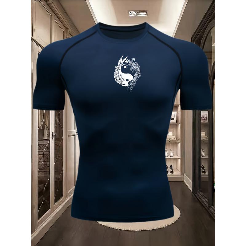 Men's Black Compression T-Shirt with Yin Yang Dragon Print, Elastic Quick Drying Breathable Gym & Martial Arts Training Top