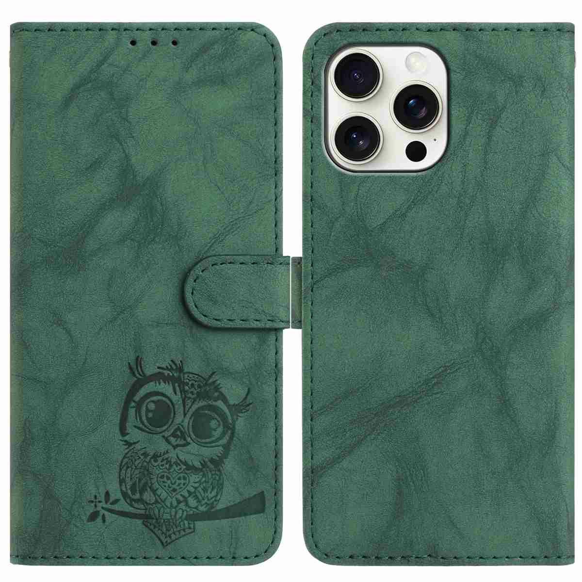 

For iPhone 16 Pro Max Case Owl Imprinted PU Leather Wallet Phone Cover with Wrist Strap Green