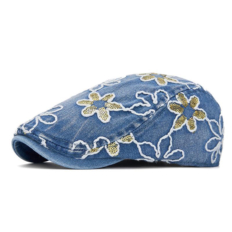 Spring Summer Newsboy Hat Women Sequins Embroidered Flower Beret Denim Retro Progressive Hat