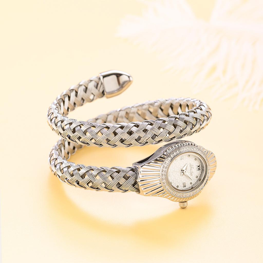 Fashion Women Snake Shape Quartz Watches Weave Design Steel Strap Luxury Rhinestone Dial Wristwatch Girls Clock Reloj Mujer