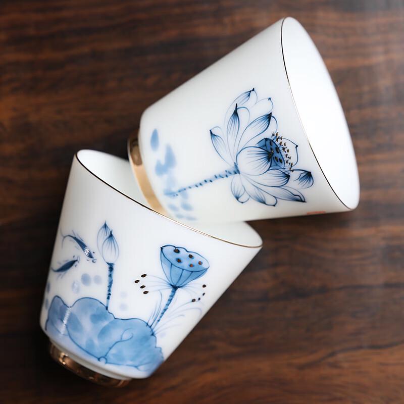 MULTIPOTENT Mutton-Fat Jade Style Green Lotus Hand-Painted Tea Cups (Set of 2)