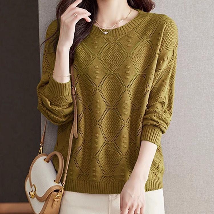 Camiseta Base Fina de Primavera Top Camiseta Base de Primavera y Otoño Holgada Primavera Calado Manga Larga Tejido de Punto Mujer