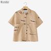 Women Casual Turn Down Collar Loose Short Sleeve Plaid Print Blouse