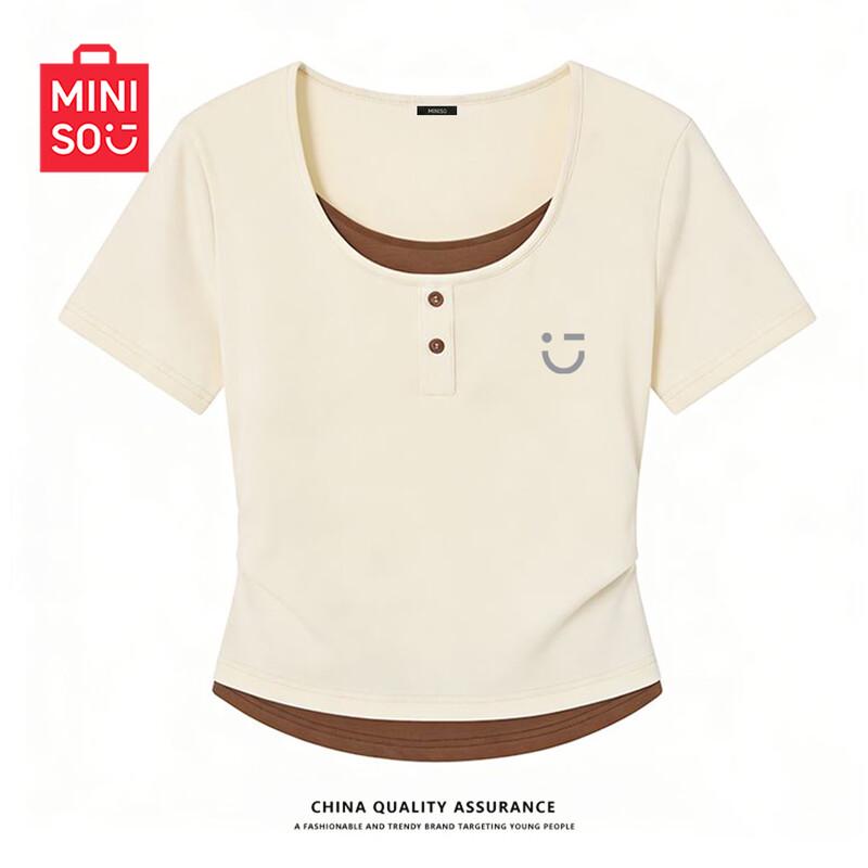 

MINISO Women s Faux Two-Piece Short Sleeve T-Shirt L