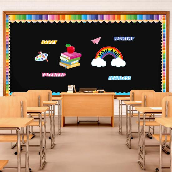 88Pcs/Set Back To School Bulletin Board Decoration Rainbow Book Pencil Notebook Letter Wall Sticker Welcome Party Blackboard Background Decor