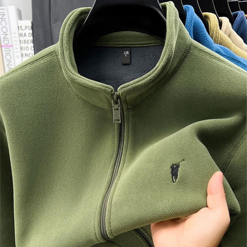 Men's Double-Sided Berber Fleece Stand Collar Jacket with Embroidery – Classic American Style