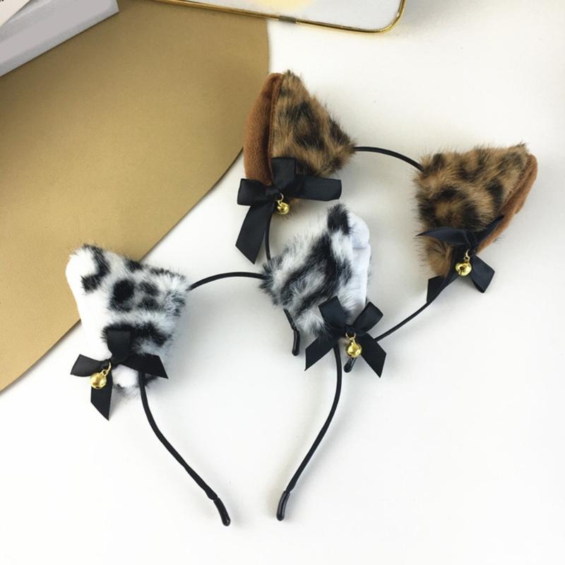 Soft Furry Leopard Print Cats Ear Headband With Attached Bells For Cosplay Halloween And Dance Parties