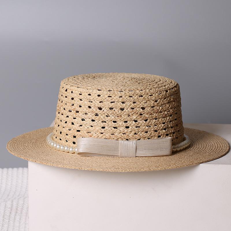 High Quality Raffia Silk Hemp Pearl Straw Hat French Flat Top Sun Hat Hollow Breathable Sun Hat Beach Hat