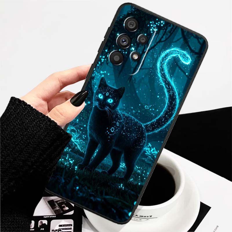 Cartoon Cat Cute For Samsung A73 A72 A71 A55 A54 A53 A52 A51 A13 A22 A16 A15 A12 A14 A26 A07 5G Black Phone Case