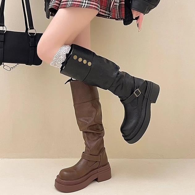Retro Casual Belt Buckle Back Zipper Fashion Boots 2025 Autumn and Winter New Thick-soled Small Tall Knight Boots Tide