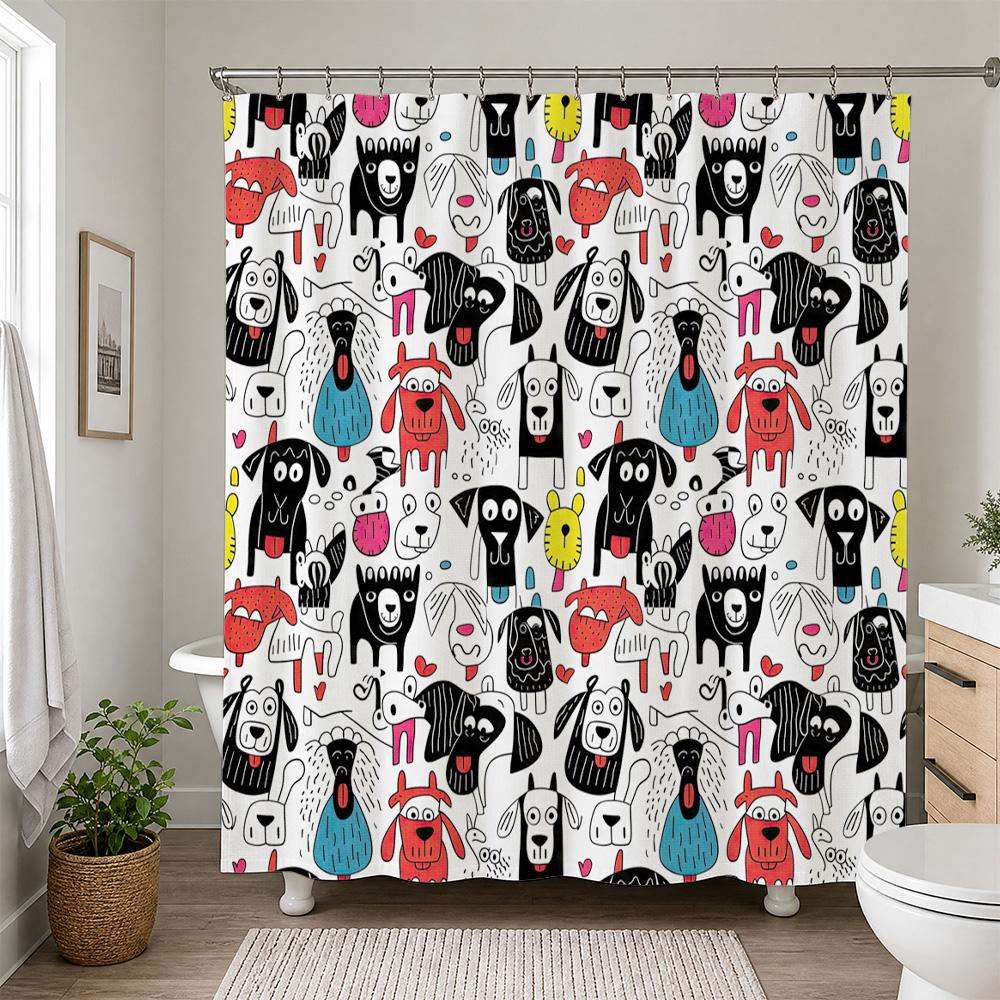 Waterproof Shower Curtain Dog Print Funny Dog Family Cartoon Novelty Bathroom Decor Pet Shower Curtain Liner