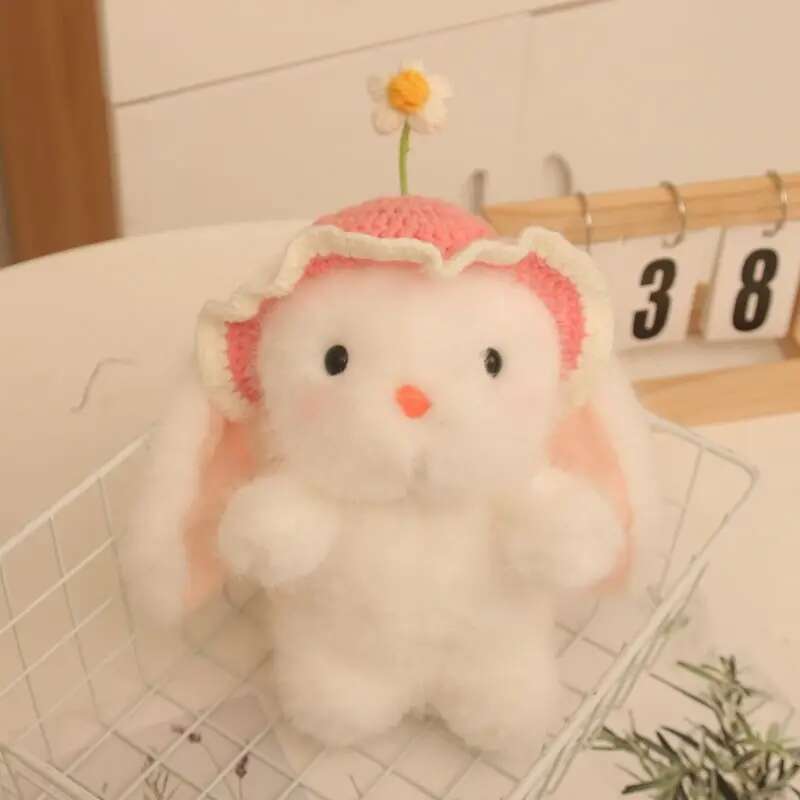 22CM Cute Pudding Flower Cap Rabbit Plush Toy Short Fur Soft and Removable Cap Little White Rabbit Doll as a Gift for Children