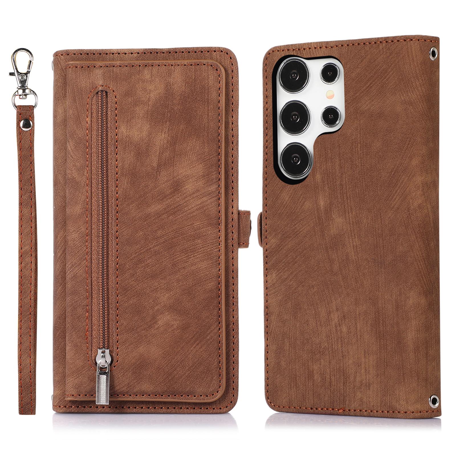 

Чехол для Samsung Galaxy S25 Ultra с карманом на молнии, 9 слотов для карт, чехол для телефона из ПУ кожи с ремешком на запястье Brown