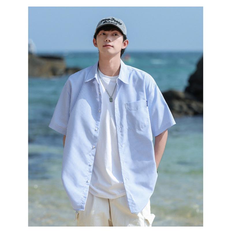 Men's White Striped Short Sleeve Button Down Shirt - Oversized Casual Summer Beach Shirt with Pocket