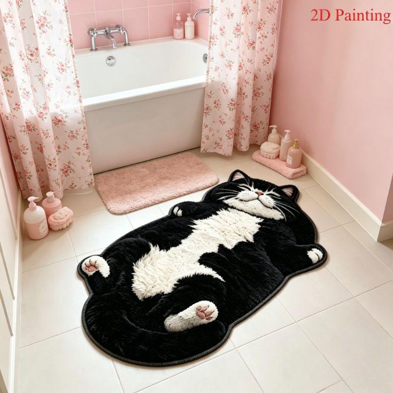 Cute Tuxedo Cat Shaped Rug Realistic Lying Cat Print Irregular Non‑Slip Mat for Bedroom Doorway Indoor Home Decoration
