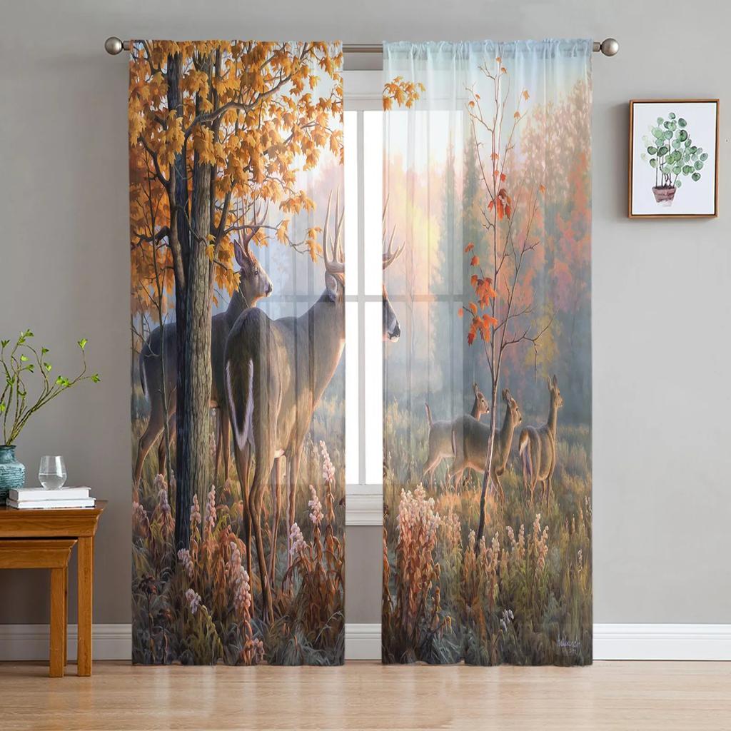 Maple Leaf Autumn Forest Landscape Tulle Curtains Living Room Bedroom Decoration Voile Window Party Drapes Curtain Sheer Polyester Ideal For Area