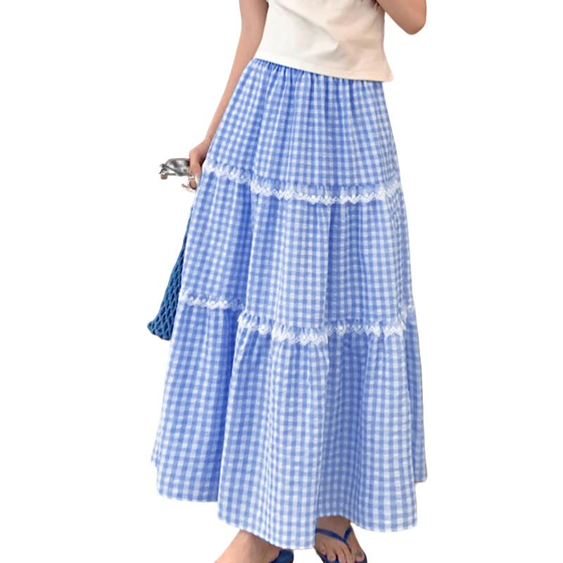 

ZANZEA Женские летние эластичные талии свободные клетчатые длинные юбки 4XL синий