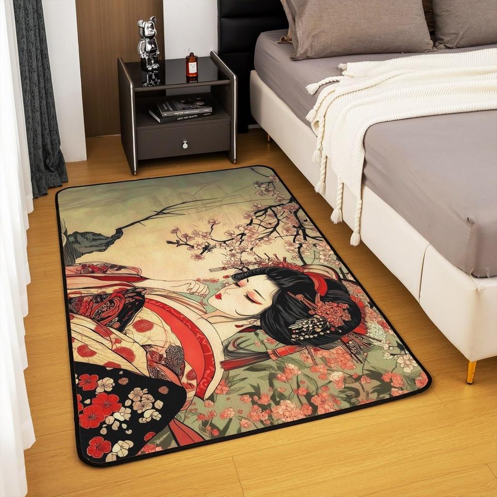 Japanese Ukiyo-e Geisha & Cherry Blossom Print Area Rug, Non-Slip Floor Mat for Living Room Bedroom Home Decor Carpet