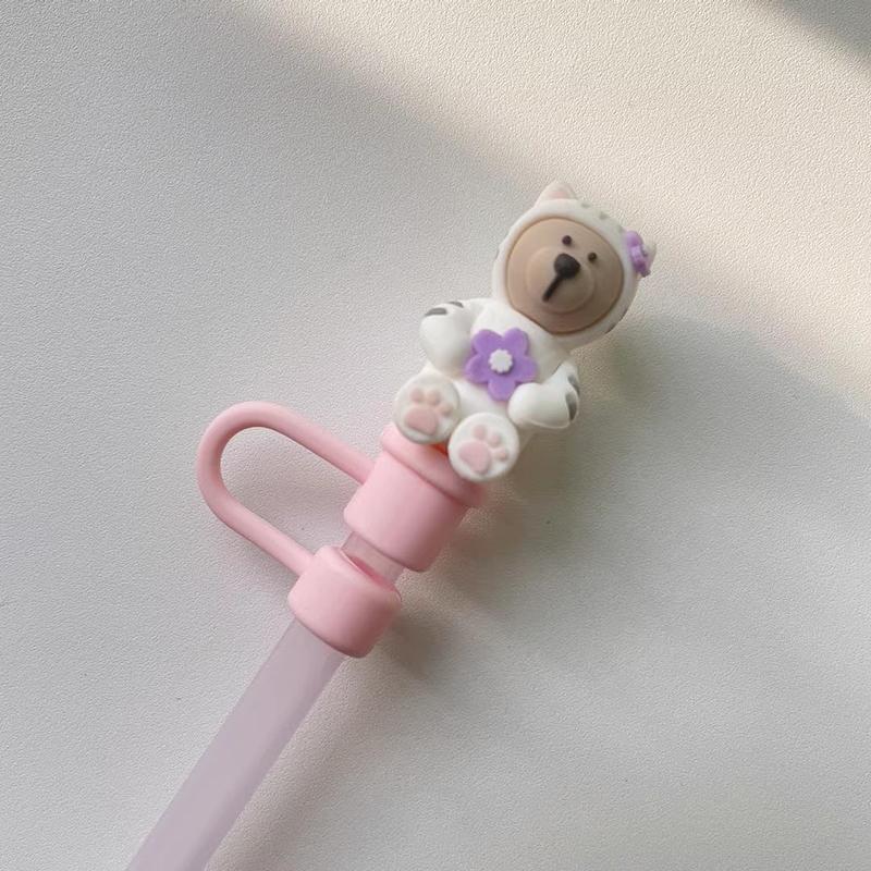 1PC Cute Cherry Blossom Bear Deer Straw Cover For Starbucks 7-8mm Sippy Tumbler Cup Reusable Dust Stopper Straw Cap Accessories