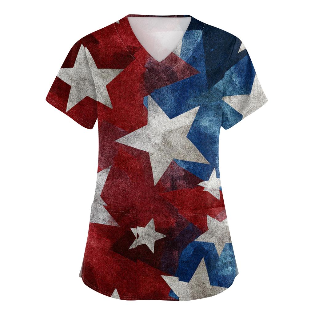 Women's Fashionable V-Neck Short-Sleeved Work Top With Pockets And Independence Day Print  Uniform