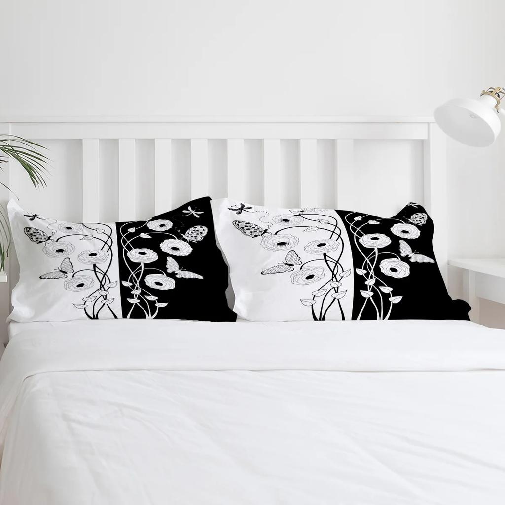 Black And White Flower Dragonfly Butterfly Bedding Set 3pcs Duvet Cover Pillowcase Quilt Cover Double Bed Set Home Textile