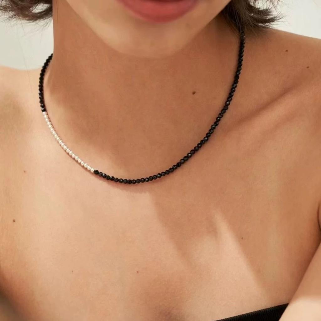 Natural freshwater pearl black spinel necklace women's s911 sterling silver sweet cool wind collarbone chain accessories light luxury high sense