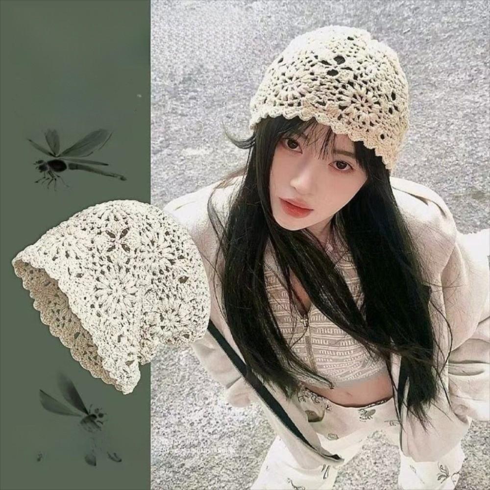 Thin Crochet Flower Knitted Hat Bohemian Style Lace Woven Cap Hollowed Out Beanie Cap  Casual