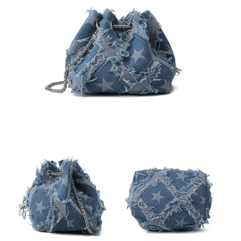 Drawstring Star Denim Bucket Bag Tassel Cloth Shoulder Bag Casual Metal Chain Crossbody Bag  Party