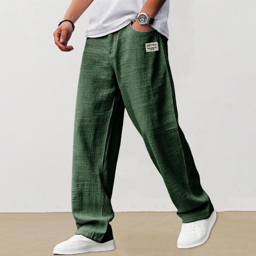 Men's Casual Loose Fit Linen Trousers Lightweight Breathable Straight Leg Pants Elastic Waist Drawstring Design