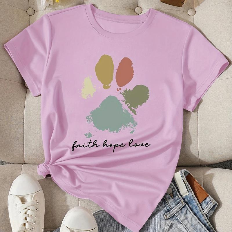 Women Summer T Shirt Dog Claw Print Retro Fashion Short Sleeve Tees Casual   Printed  Tops