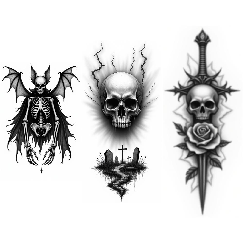 3pcs Temporary Tattoo Waterproof Long-lasting Body Stickers Skull With Snake Cracked Skull Fox Skeleton For Thighs Adults