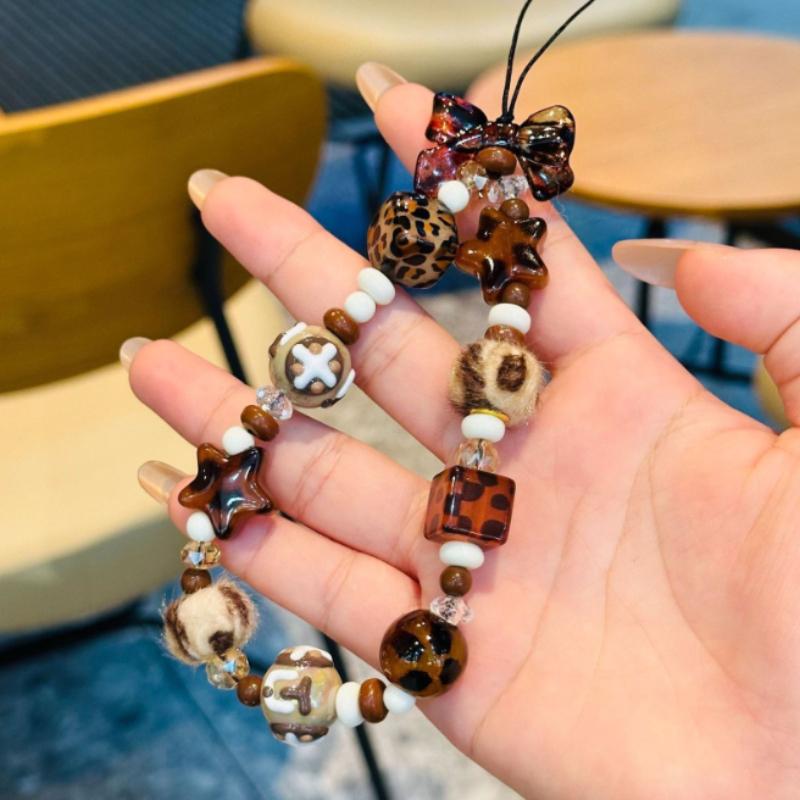 Leopard Print Star Beaded Phone Charm Handmade Retro Brown Bow Bracelet Strap Aesthetic Wild Phone Chain For Women
