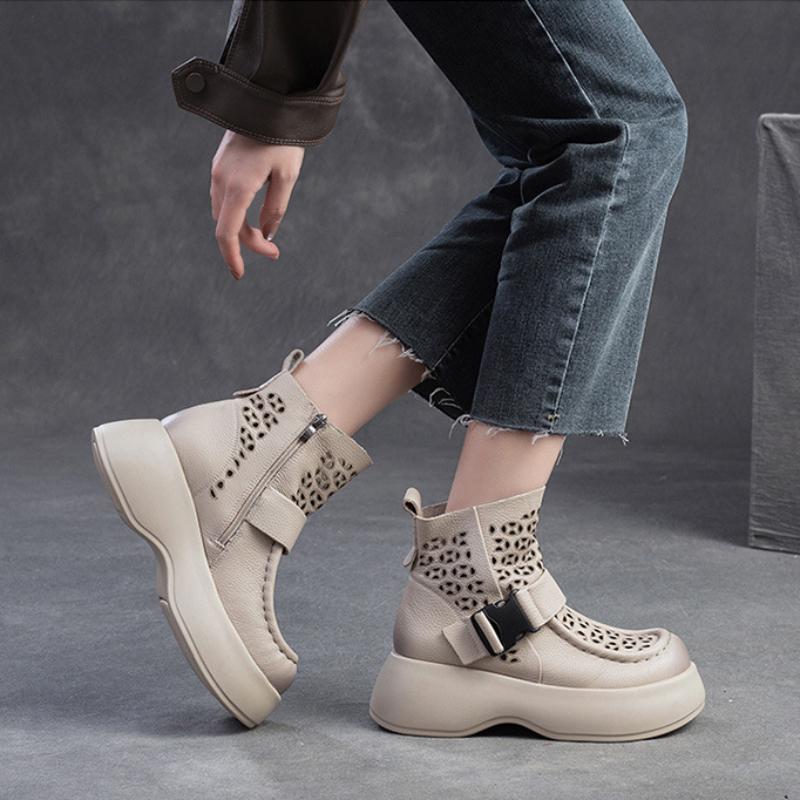 Johnature Breathable Hollow-out Boots Genuine Leather Lightweight Platform Sandals Thick Sole Women's Shoes