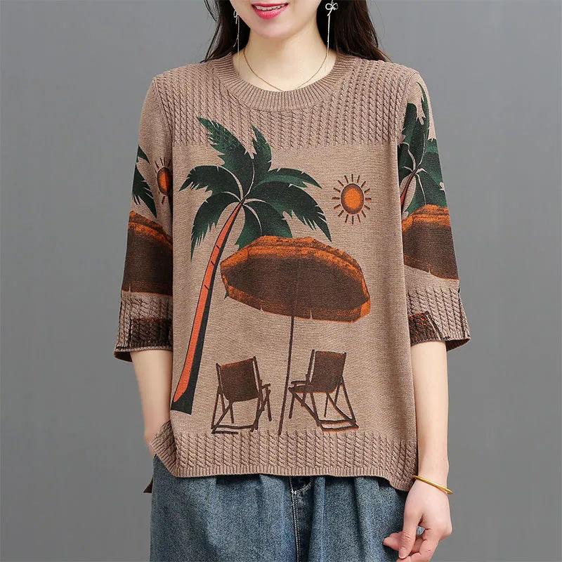 Cotton Sweater Women Plus Size Autumn Loose Round Neck Retro Printing Sweater Comfortable and Versatile Elastic Knit Sweater