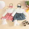 Baby Girl Long Sleeve Ribbed Bodysuit Dress Corduroy Skirt Floral Print Bowknot Romper Headband Socks Set Infant Outfit