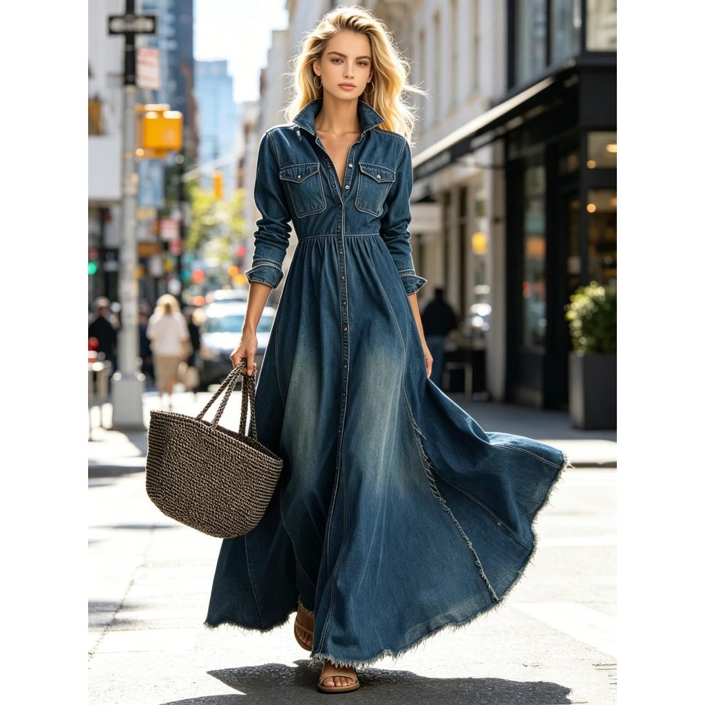 Spring New Retro Waist Slimming Long Sleeve Denim Swing Dress, Elegant Casual Party Denim Dress for Women