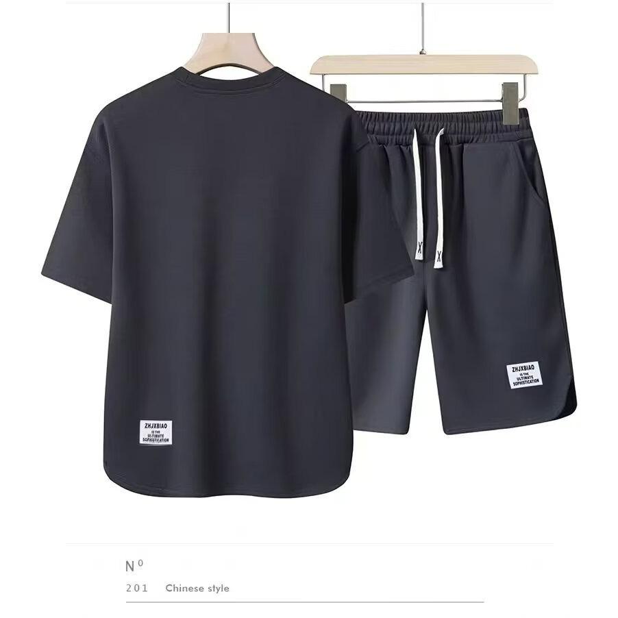 

Summer Men s High-end Casual Sports Suit Youth Loose Fashion All-match Shorts Round Neck Short-sleeved T-shirt Two-piece Suit 3XL сірий