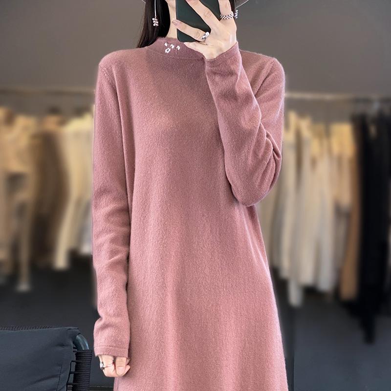Women's Cashmere Dress Qinghe Cashmere 70% Wool 30% Cashmere Women's Autumn and Winter Cashmere Dress Soft and Warm