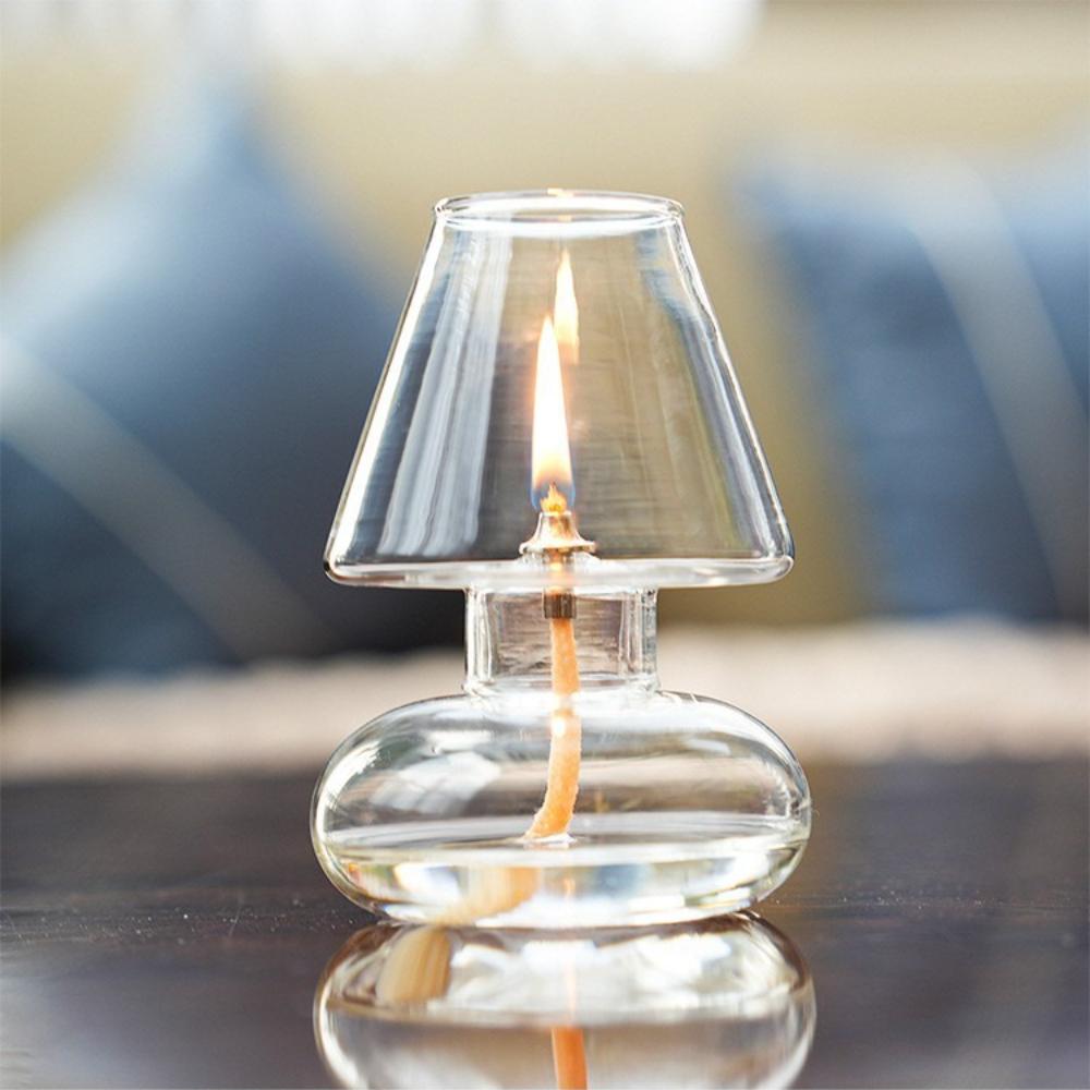 Romantic Transparent Candle Holder with Wooden Base Retro Oil Lamp Shape Round Candlesticks Tealight Dinner Table Decoration