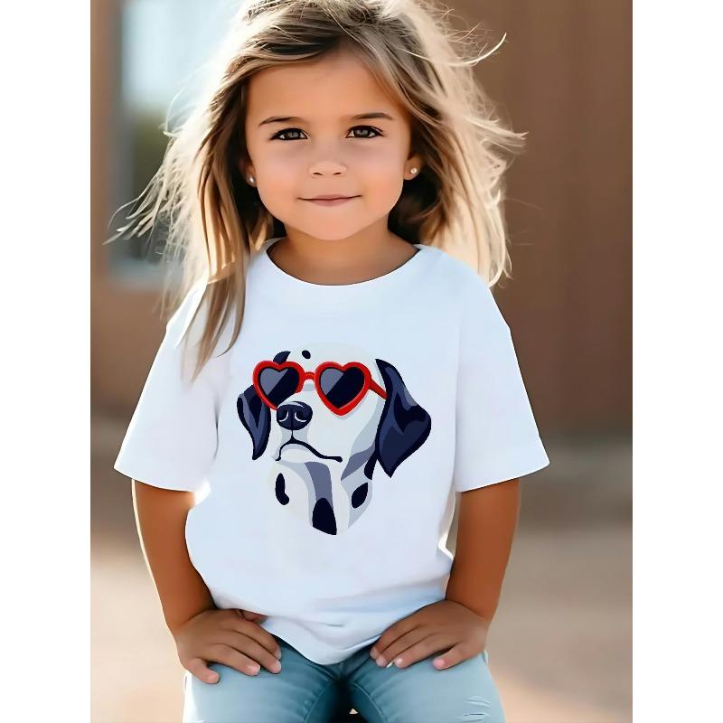 European Size Girls Summer Round Neck Short Sleeved T Shirt with Cartoon Version of A Great Dane Pattern