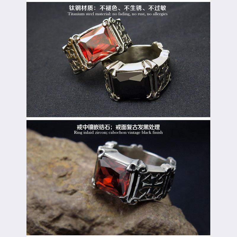 Men's Titanium Steel Ring Vintage Red Zircon Ring Gothic Cross Ring Men's Punk Accessories