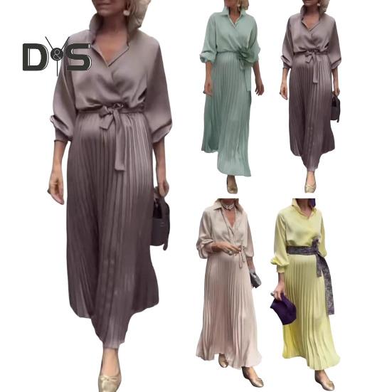 Women Dress Lapel V-Neck Long Sleeve Lace-up High Waist Long Dress Solid Color Pleated Hem Shirt Dress